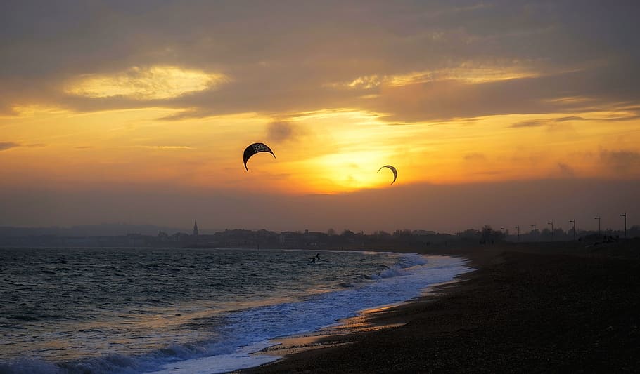 puesta de sol, cielo, agua, mar, naturaleza, sufres, kitesurfistas, weymouth, dorset, playa