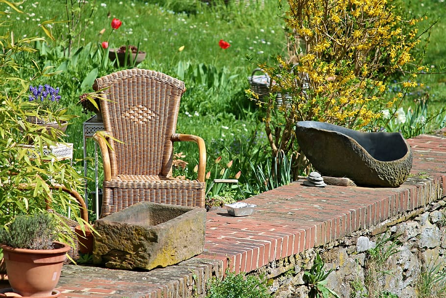 brown, wicker armchair, green, plants, outdoors, garden, resting place, idyll, peaceful, nature