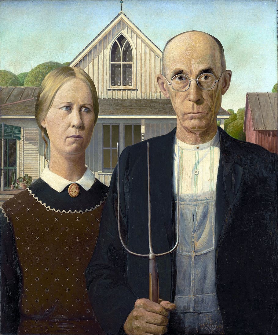 american gothic painting, painting, grant wood, man, woman, farmers, couple, 1930, people, men