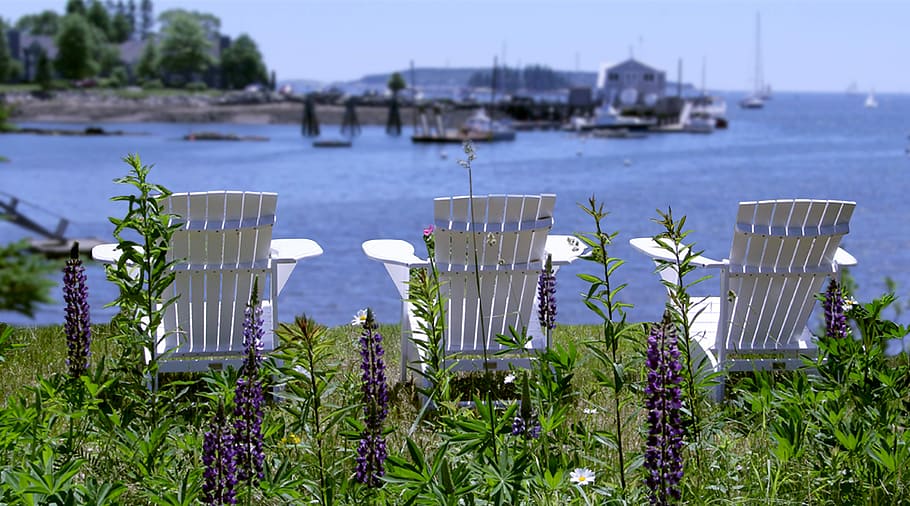 adirondack chairs, relax, harbor, boothbay harbor, maine, bay, get away, vacation, summer, water
