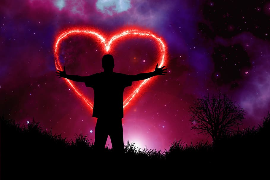 silhouette, person, middle, heart shape firework, night, heart, love, valentine's day, romance, hug