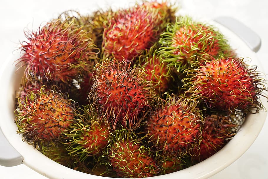 frutas rambután, fruta peluda, del sudeste asiático, madura, malasia, indonesia, tailandia, comida y bebida, comida, fruta