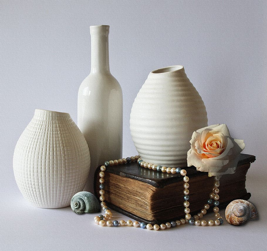 three, white, ceramic, vases, brown, book, still life, decoration, flower vase, craft