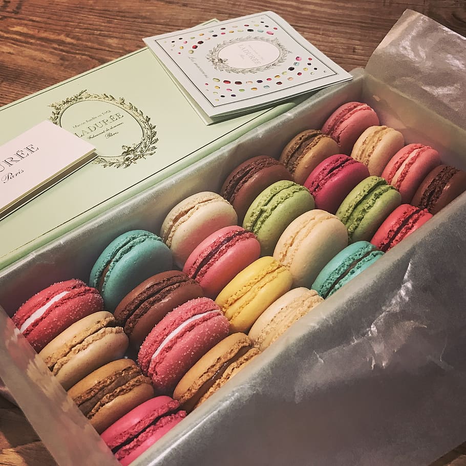 box, french, macarons, top, brown, surface, macaron, colourful, cookies, sweet food