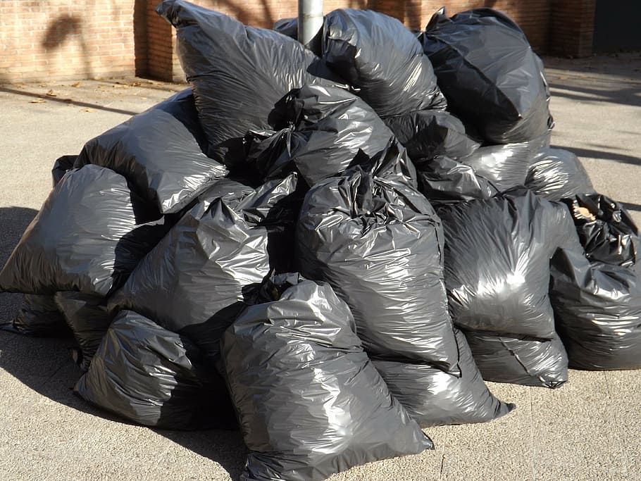 tumpukan, hitam, banyak kantong plastik, sampah, kantong, limbah, plastik, polusi, lingkungan, sinar matahari