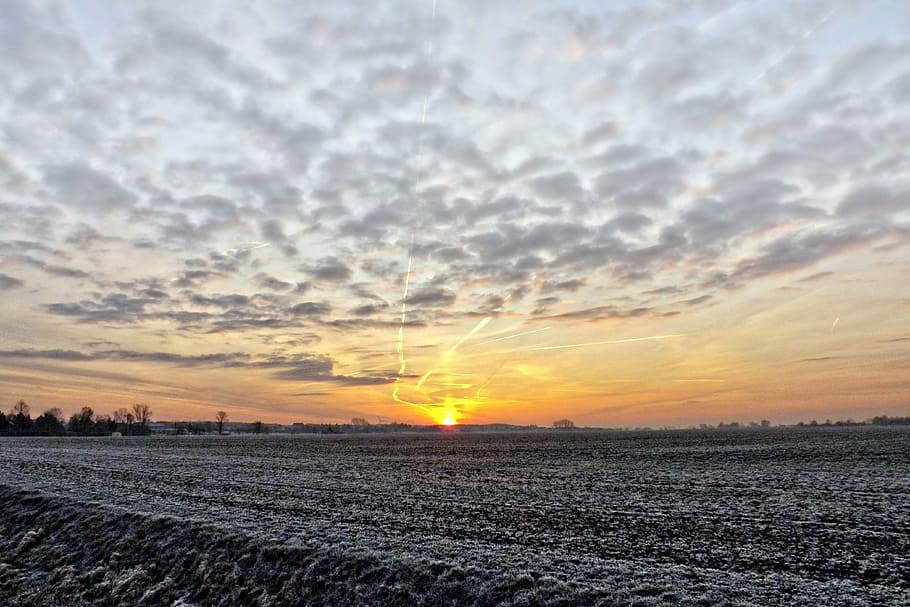 landscape, fog, sunrise, hoarfrost, field, clouds, skies, morgenstimmung, hdr photography, genuine hdr photo