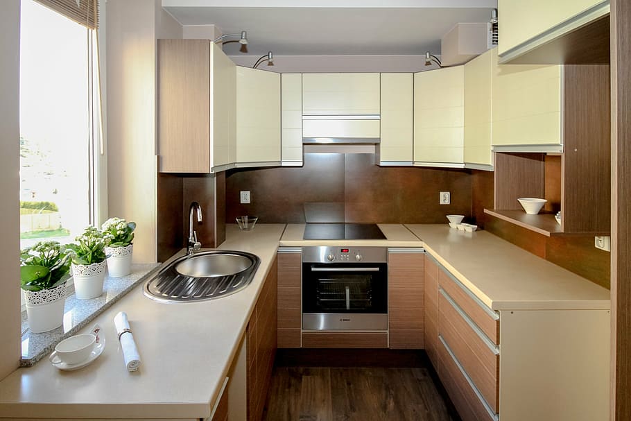 cinza, preto, forno, cozinha, apartamento, quarto, casa, interior residencial, design de interiores, decoração