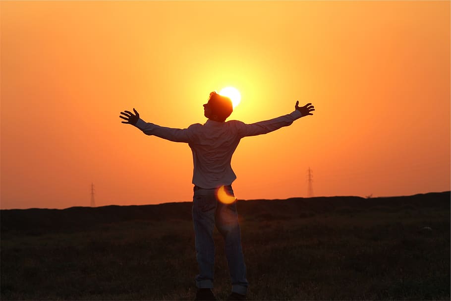 sunset, dusk, sky, guy, silhouette, people, human arm, limb, orange color, arms outstretched