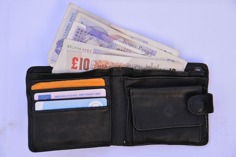 black, leather bi-fold wallet, wallet, purse, money, finance, cash, open, savings, leather