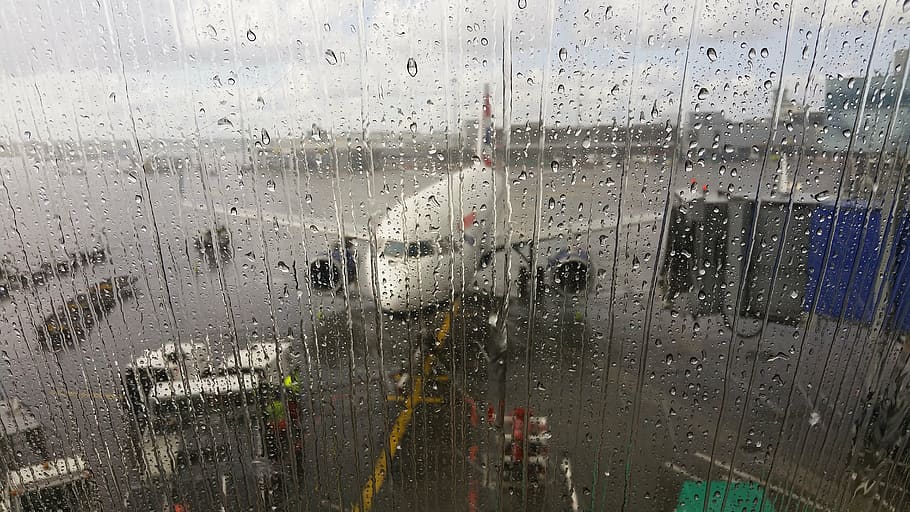 painel de vidro, chuva, gotas, aeroporto, terminal, avião, molhado, vidro, material, solta