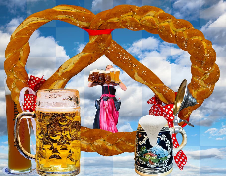 knot, two, beer steins, oktoberfest, beer, breze, pretzel, bavaria, munich, tradition