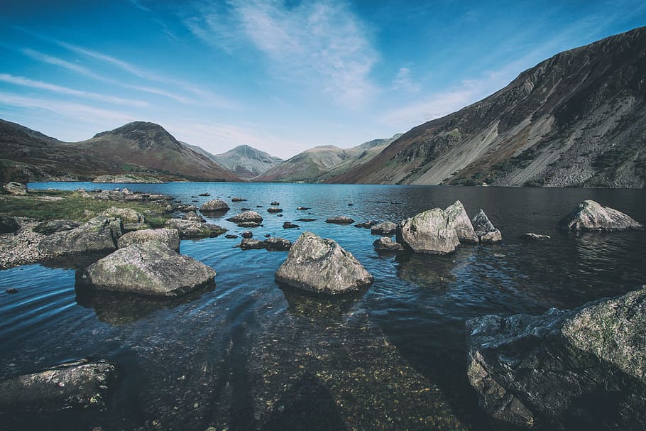 tiro de paisagem, tomadas, rochas de primeiro plano, paisagem, tiro, primeiro plano, rochas, Wast Water, Lake District, Inglaterra