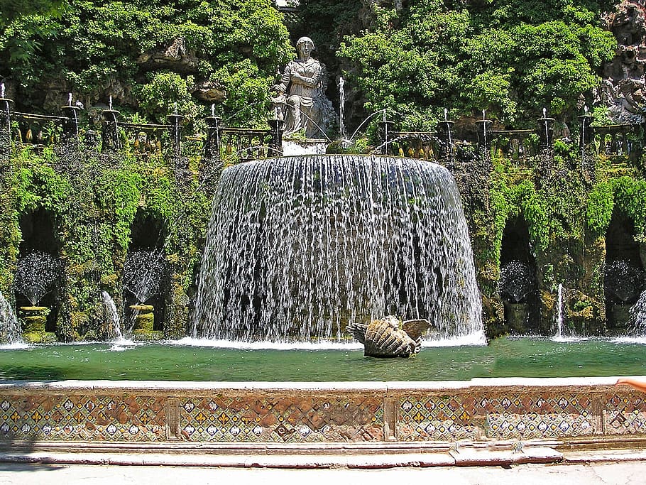 Villa D'Este, Tivoli, Italy, Europe, Art, tivoli, italy, artwork, pond, water, villa