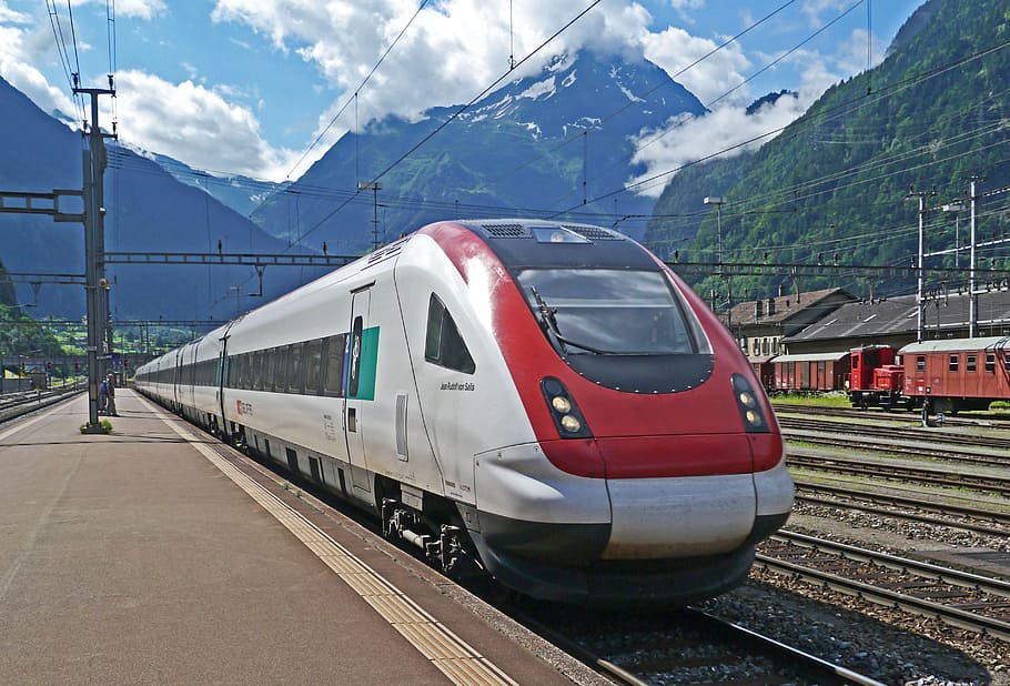 blanco, rojo, tren, Suiza, Alpino, Hielo, Transalpin, hielo alpino, Gotthard, línea Gotthard