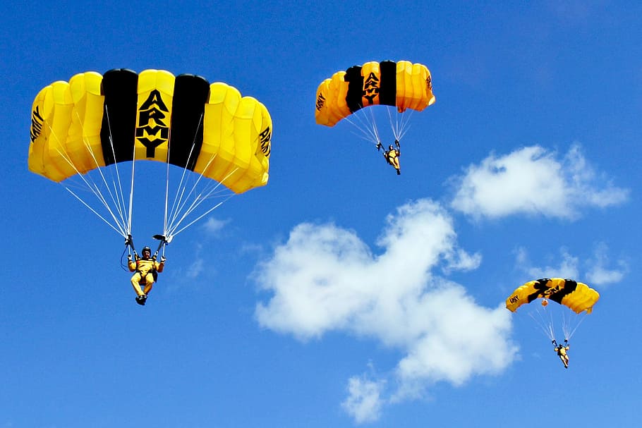 three, men paragliding, sky, skydiving, team, jump, parachute, group, military, golden knights