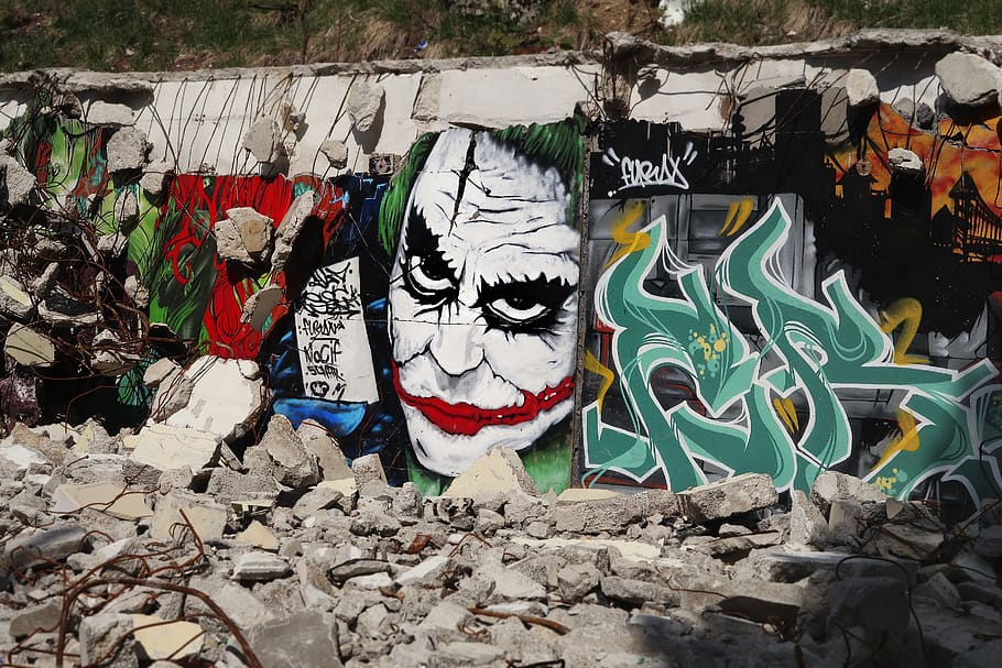 graffiti, joker, gravat, demolition, grenoble, saint-hilaire, industrial wasteland, street art, representation, creativity