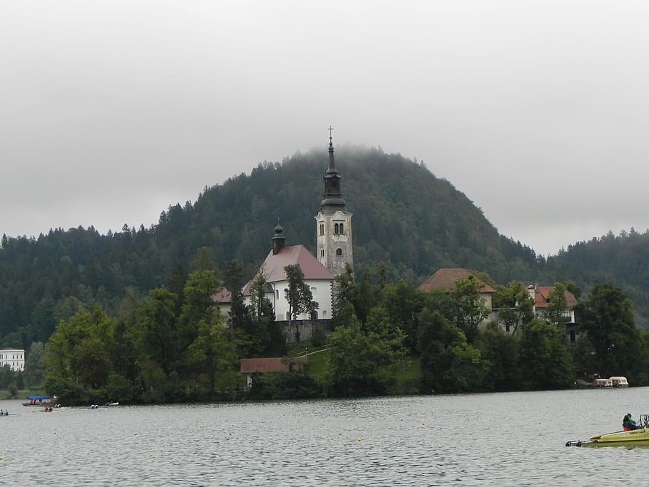 bled, island, castle, slovenia, lake, water, tree, building exterior, architecture, built structure