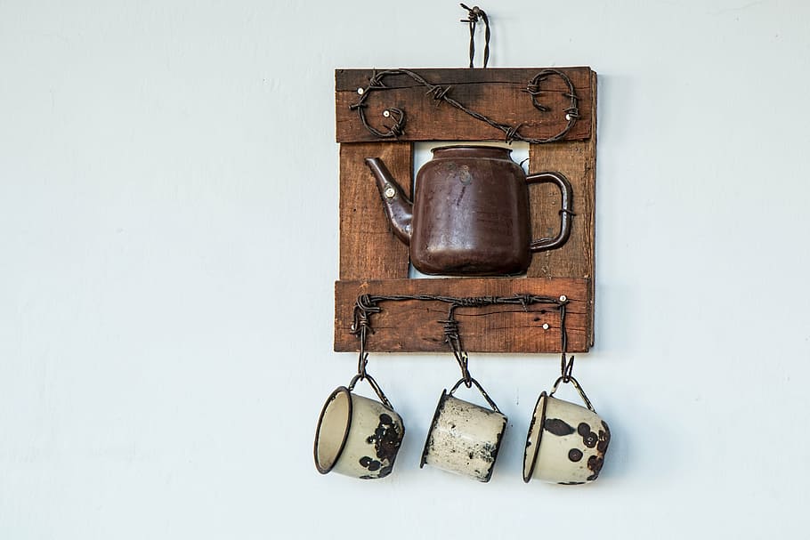 brown, teapot wall decor, coffee pot, teapot, cups, battered, old, retro, pot, coffee