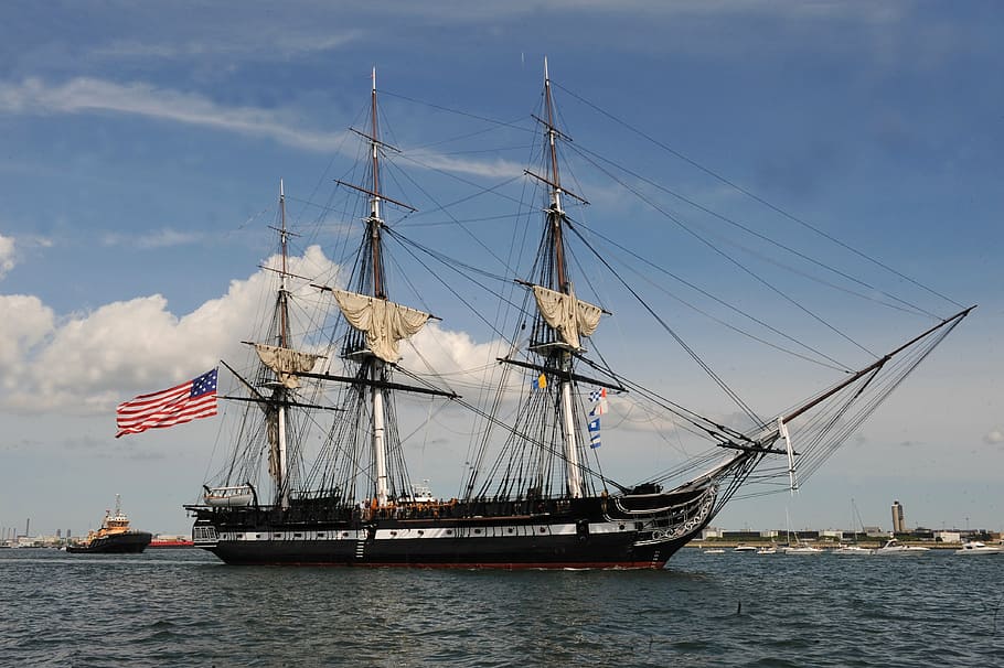 barco, estados unidos, bandera, charlestown, massachusetts, constitución de uss, famoso, histórico, el buque más antiguo de EE. UU., cielo
