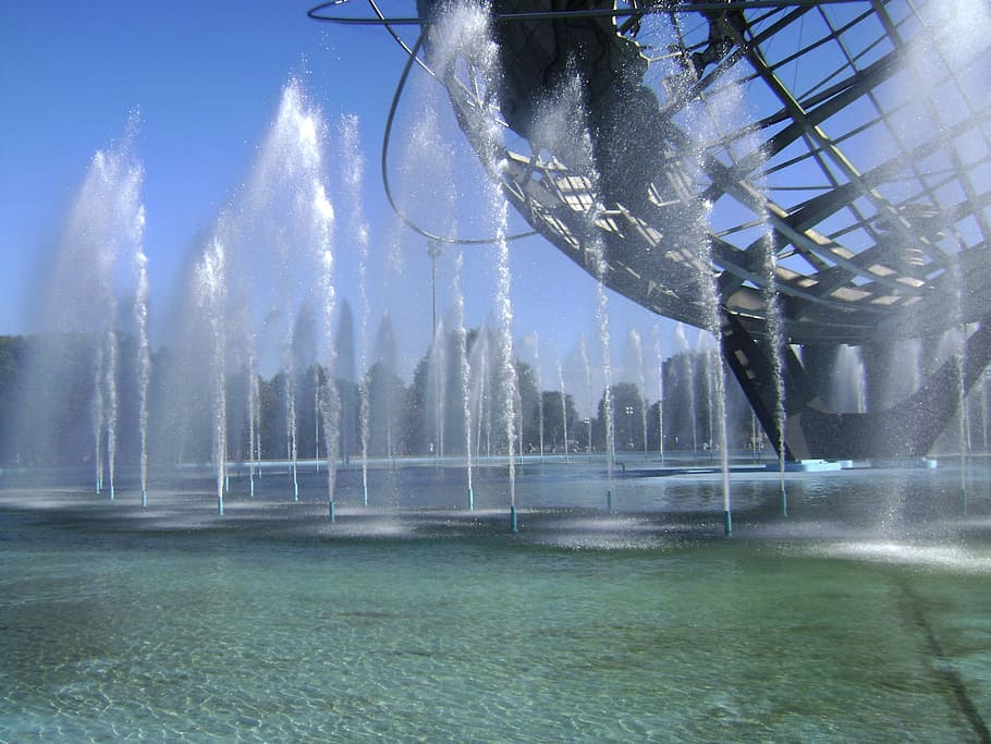 water fountains, globe, unisphere, sun, corona, park, nature, water, new york, architecture