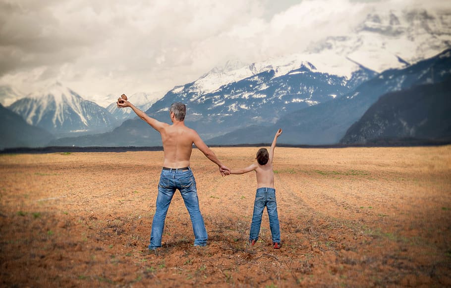 father, son, family, mountain, happiness, couple, field, mount, landscape, stone