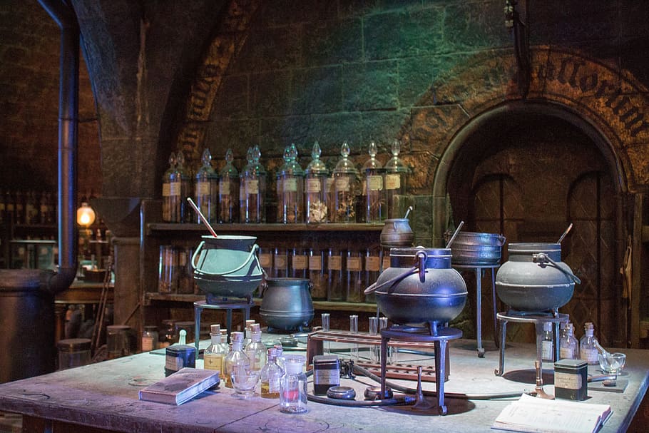 pots, rod, metal, stand, surrounded, bottles, Harry Potter, Hogwarts, Studio, London