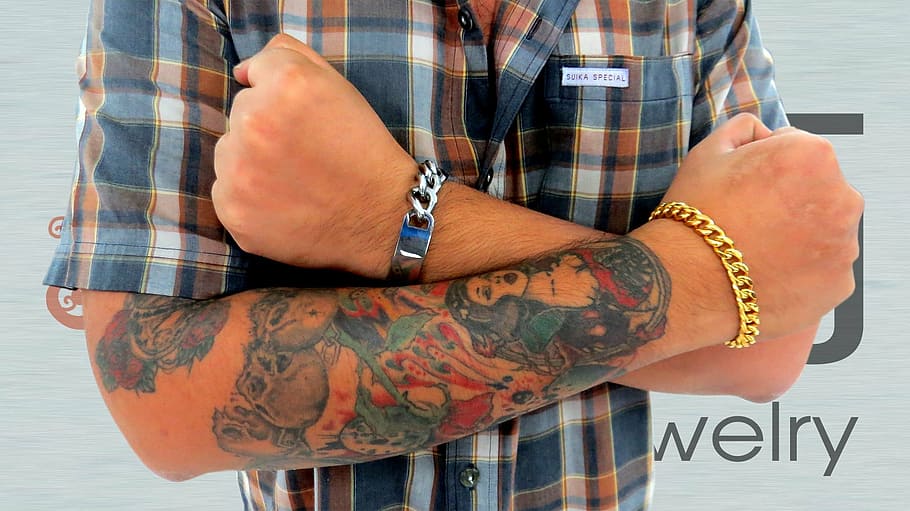 man crossing arms, tattoos, arms, male, bracelets, stainless steel jewelry, biker bracelet, steel bracelet, gold played, gold over steel