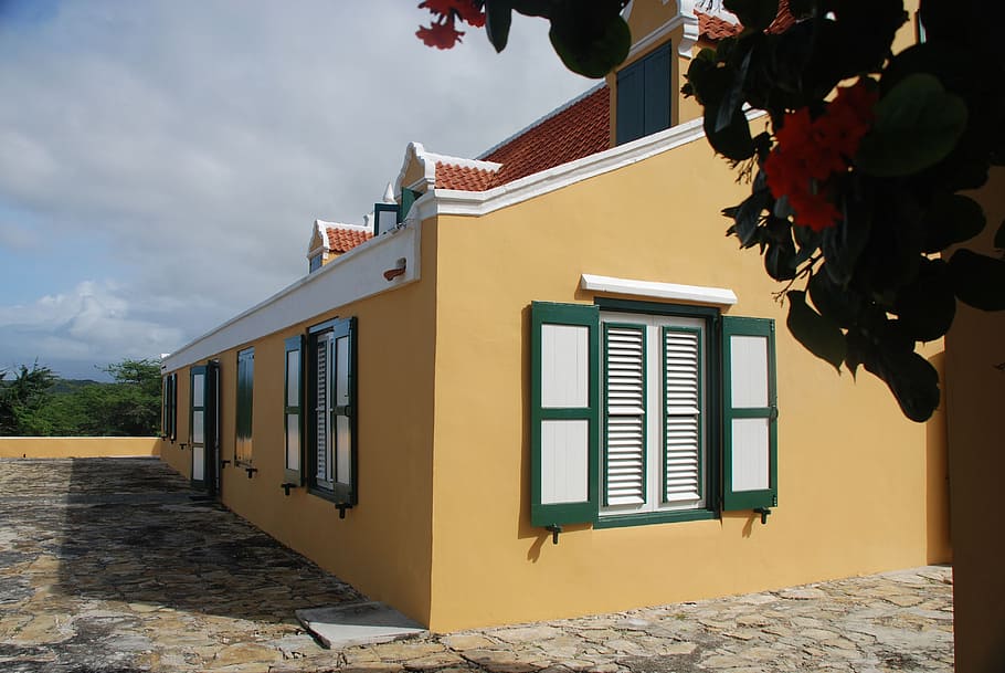 planters home, curacao, slavery, plantation, clouds, yellow house, building exterior, built structure, architecture, sky