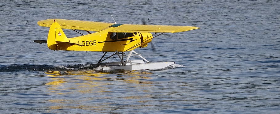 aircraft, seaplane, yellow, water, sea, waterfront, nature, day, transportation, outdoors
