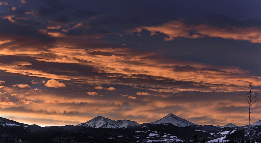 mountain, highland, snow, winter, landscape, view, nature, clouds, sky, sunset