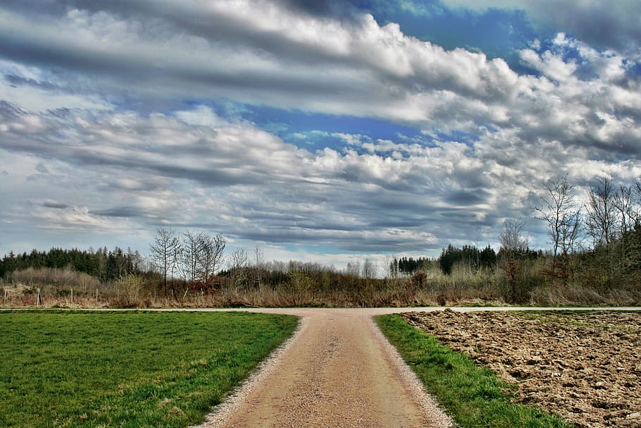 road, surrounded, grass, daytime, sky, clouds, stormy, crossroads, field, meadow