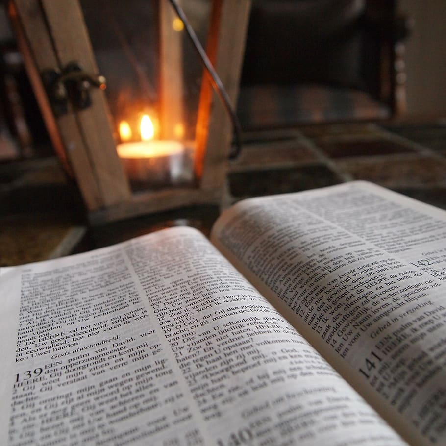 bible, open, book, lantern, candle light, table, wood, atmosphere, room, faith