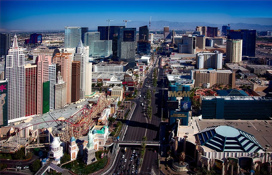 aéreo, fotografía, ciudad, Las Vegas, Nevada, ciudades, urbano, horizonte, edificios, centro de la ciudad