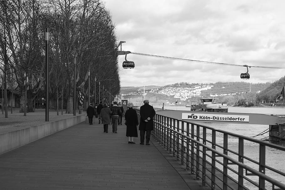 people, walking, bridge, black, white, monochrome, cable, car, black and white, cable car
