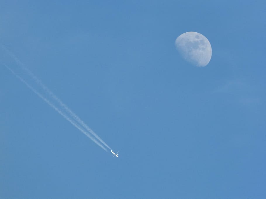 moon, aircraft, sky, crater, contrail, fly, blue, flight, flyer, vapor trail