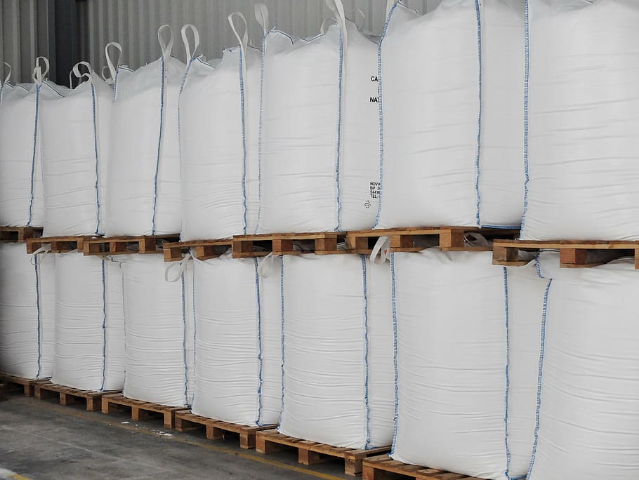 big bag, commodity, chemistry, storage, depot, white color, side by side, textile, in a row, architecture