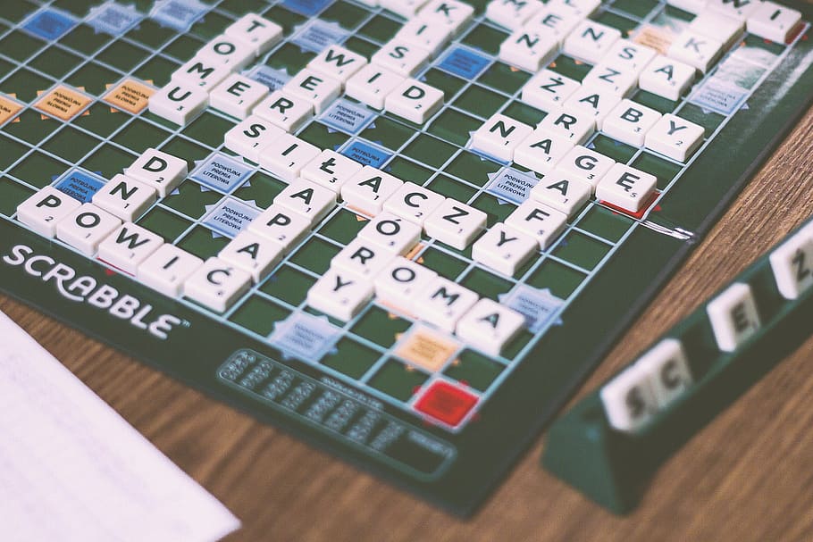 scrabble, board game, fun, entertainment, letters, words, table, high angle view, indoors, technology