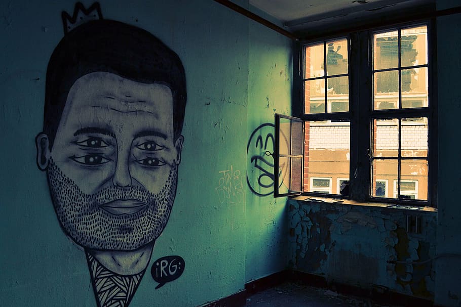 hombre, pintada de la cara, cristal de la ventana, negro, pinturas, verde, pared, arte, graffiti, mural