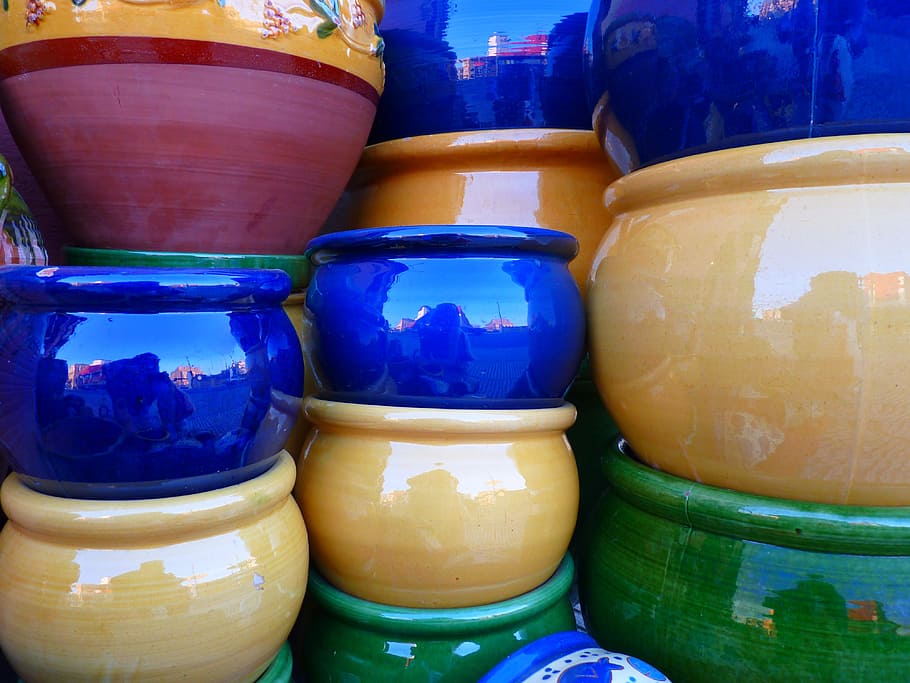 blue, yellow, green, ceramic, pot lot, pots, colorful, fragile, color, container