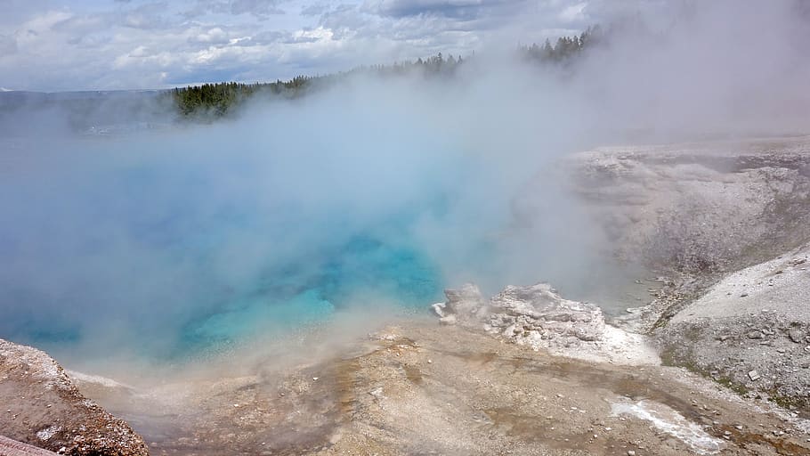 national park, yellowstone, national parks, united states, grand prismatic spring, nature, landscape, geology, steam, smoke - physical structure
