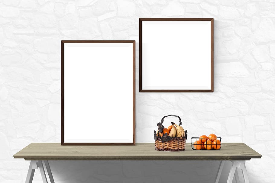 naranja, frutas, gris, mesa, póster, maqueta, pared, plantilla, presentación, escritorio