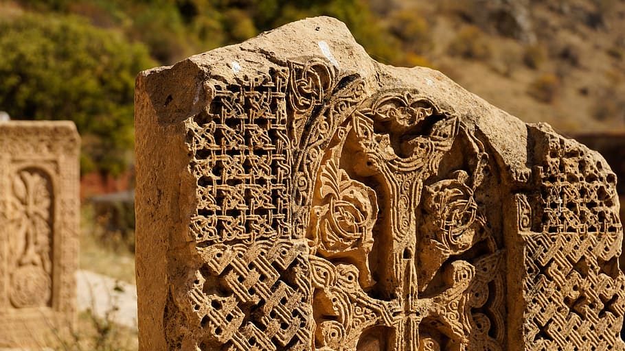 foto, cinza, concreto, parede, pedra cruz, escultura, pedra, khachkar, mosteiro, noravank
