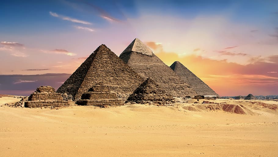 ピラミッド, ギザ, エジプト, 考古学, 記念碑, 建築, 古代, ランドマーク, 空, 日没