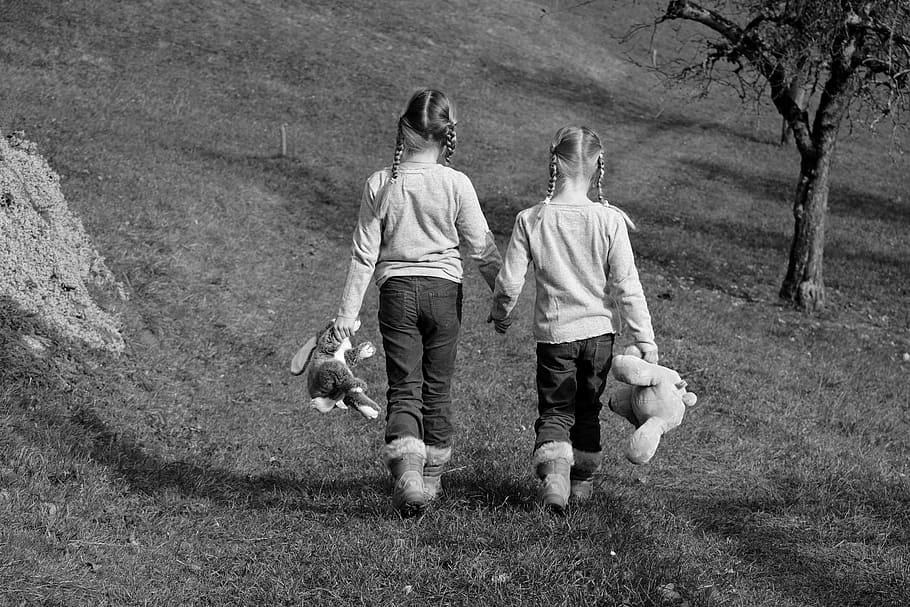gray, scale photo, two, girls, holding, hands, plush, toys, children, meadow