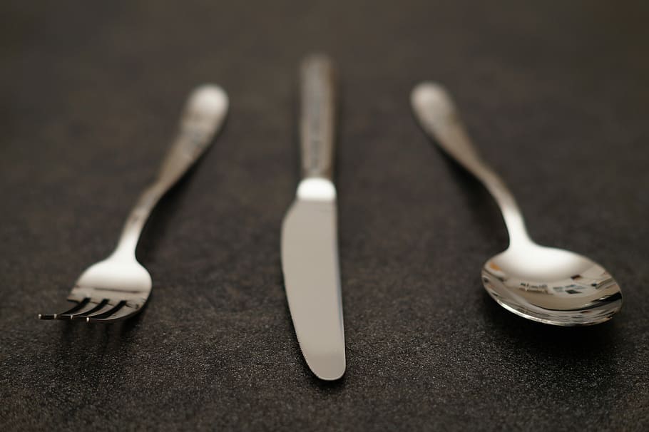 Cutlery, Spoon, Fork, Knife, Eat, Metal, indoors, studio shot, work tool, close-up