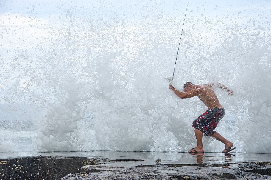 spray, water, sea, man, swimming trunks, fish, strong, trained, young man, male