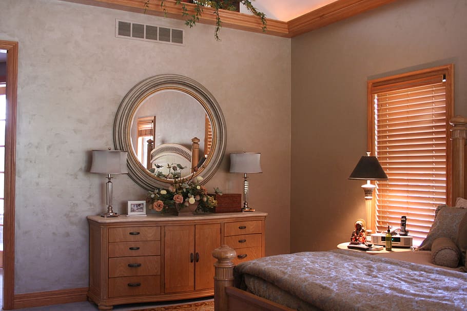 round mirror, brown, wooden, sideboard, gray, wall, bedroom, paint, decoration, interior