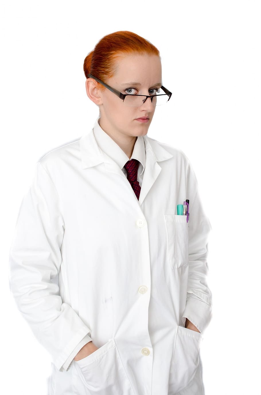 woman, wearing, white, coat, eyeglasses, girl, people, laboratory, lab, face