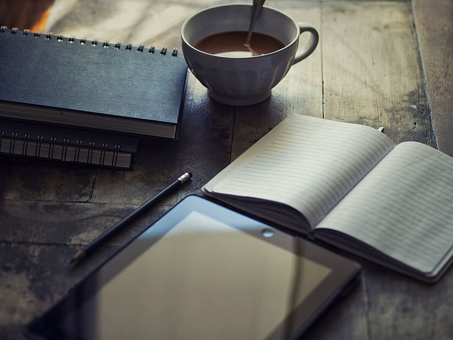 white, ceramic, mug, open, notebook, diary, ipad, write, blog, workplace