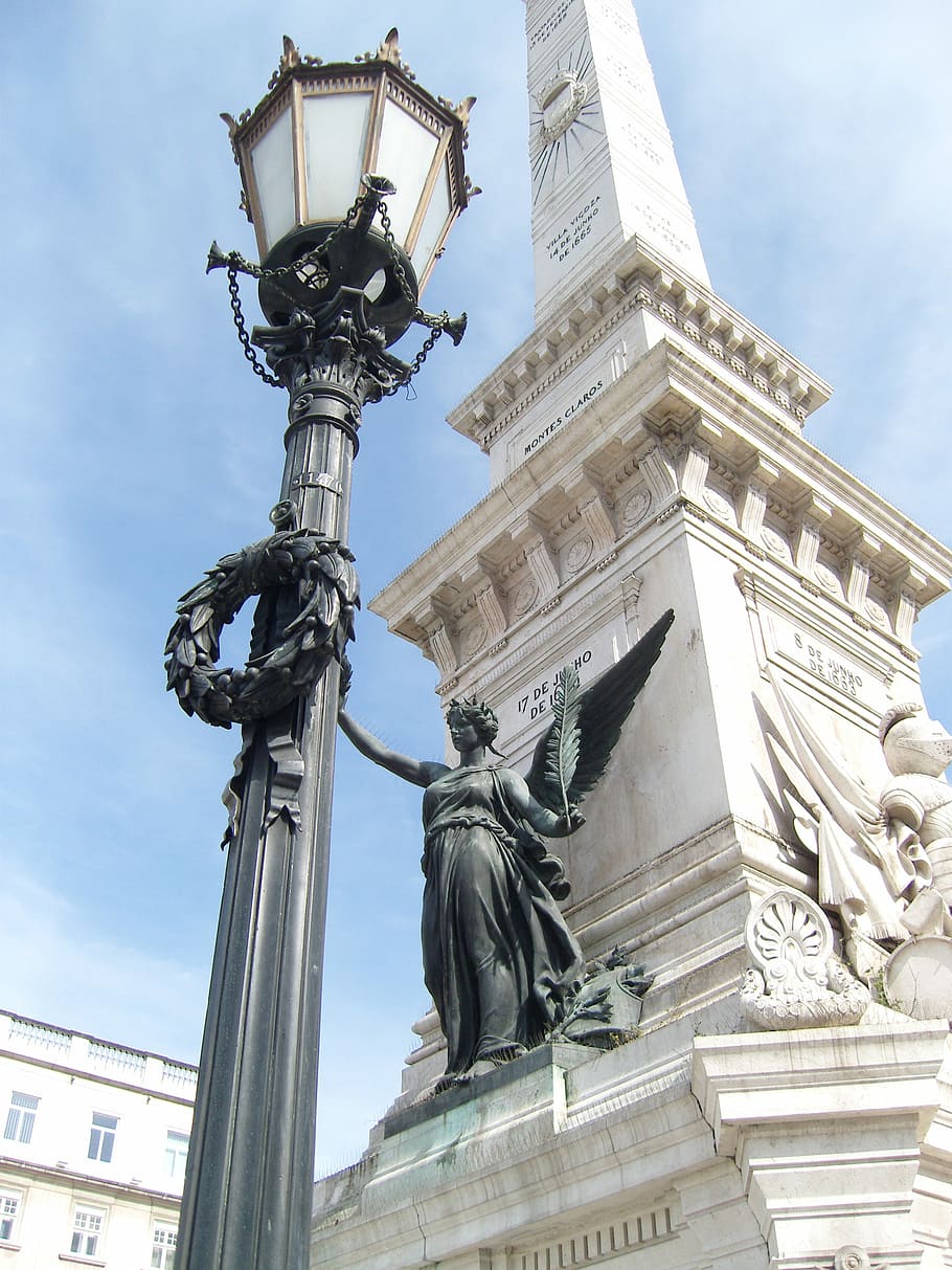 Lisbon, Obelisk, Praça Dos Restauradores, monumento restauradores, monumen, portugal, arsitektur, patung, sudut pandang rendah, eksterior bangunan